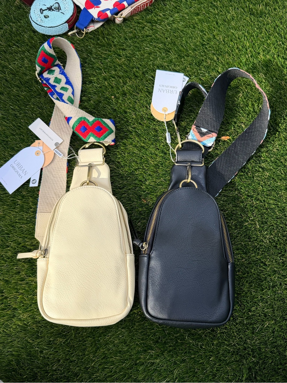 Anthropologie Cream and Black Crossbody Sling Bags with Patterned Straps 2 Bags